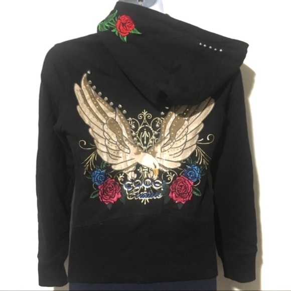 COOGI Tops - COOGI RHINESTONE STUD FLORAL EMBROIDERED HOODIE